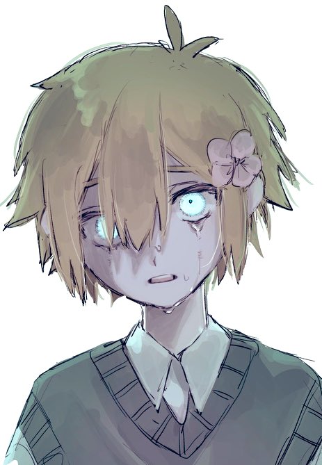 basil (faraway) (omori), basil (omori), omori, 1boy, antenna hair, blonde hair, blue eyes, collared shirt, crying, crying with eyes open, double-parted bangs, flower, green sweater vest, hair between eyes, hair flower, hair ornament, looking at viewer, madai (si 202), male focus, shirt, short hair, simple background, solo, sweater vest, tears, upper body, white background, white shirt