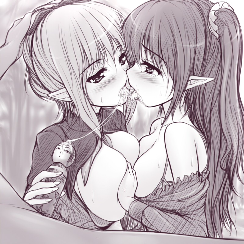uni8, 2girls, asymmetrical docking, bisexual female, breast press, breasts, clothes pull, cum, cum in mouth, cum string, cum swap, french kiss, grabbing another's breast, groping, kiss, kokeshi, large breasts, long hair, medium breasts, monochrome, multiple girls, penis, pointy ears, saliva, shirt pull, symmetrical docking, tongue, yuri