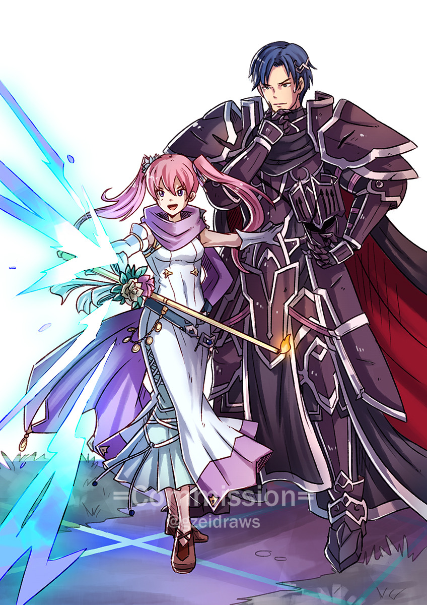 gzei, serra (fire emblem), zelgius (fire emblem), zelgius (jet-black general) (fire emblem), fire emblem, fire emblem: radiant dawn, fire emblem: the blazing blade, fire emblem heroes, nintendo, commentary, commission, english commentary, highres, 1boy, 1girl, armor, black armor, blue hair, cape, elbow gloves, full armor, gloves, green eyes, helmet, holding, holding unworn helmet, long hair, long scarf, pink hair, purple eyes, scarf, short hair, twintails, unworn headwear, unworn helmet, watermark