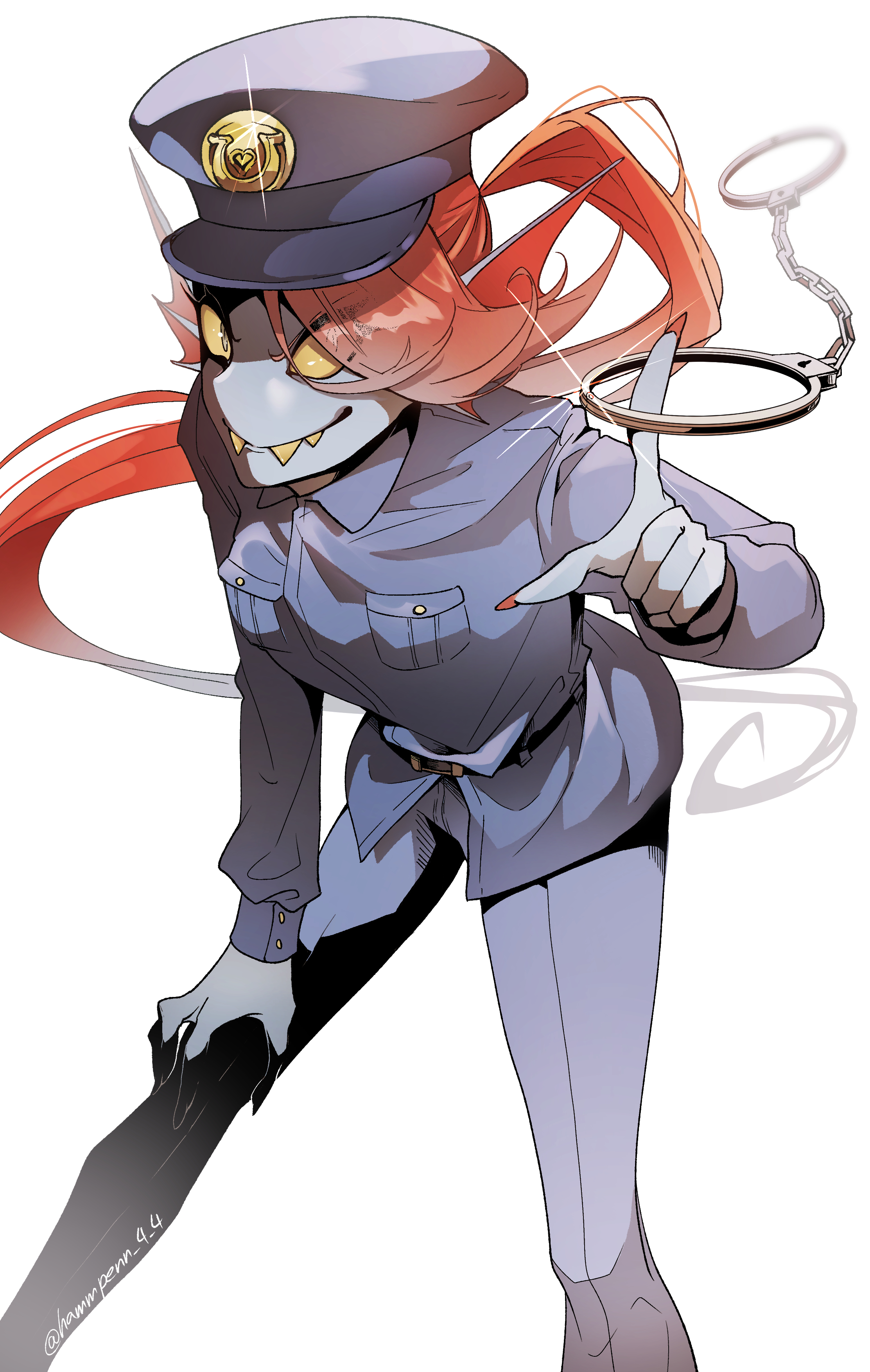 hammpenn, chief undyne, undyne, deltarune, utdr (toby fox), absurdres, commentary request, highres, 1girl, belt, bent over, black belt, blue hat, blue jacket, blue pants, breasts, buttons, closed mouth, collared jacket, colored sclera, colored skin, colored teeth, cuffs, denim, eyes visible through hair, fangs, feet out of frame, fins, grey eyes, grey skin, hair over one eye, hand on own thigh, handcuffs, hat, head fins, high ponytail, holding, holding handcuffs, index finger raised, jacket, jeans, long hair, long sleeves, looking at viewer, nail polish, pants, pocket, police, police hat, police uniform, policewoman, ponytail, red hair, red nails, simple background, small breasts, smile, solo, sparkle, standing, twitter username, very long hair, white background, yellow sclera, yellow teeth