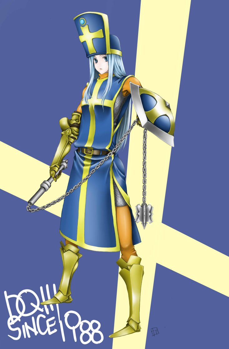 koogen pooku, priest (dq3), chunsoft, dragon quest, dragon quest iii, enix, square enix, 1girl, armor, blue background, blue hair, copyright name, female focus, hat, long hair, mitre, shield, solo, tabard