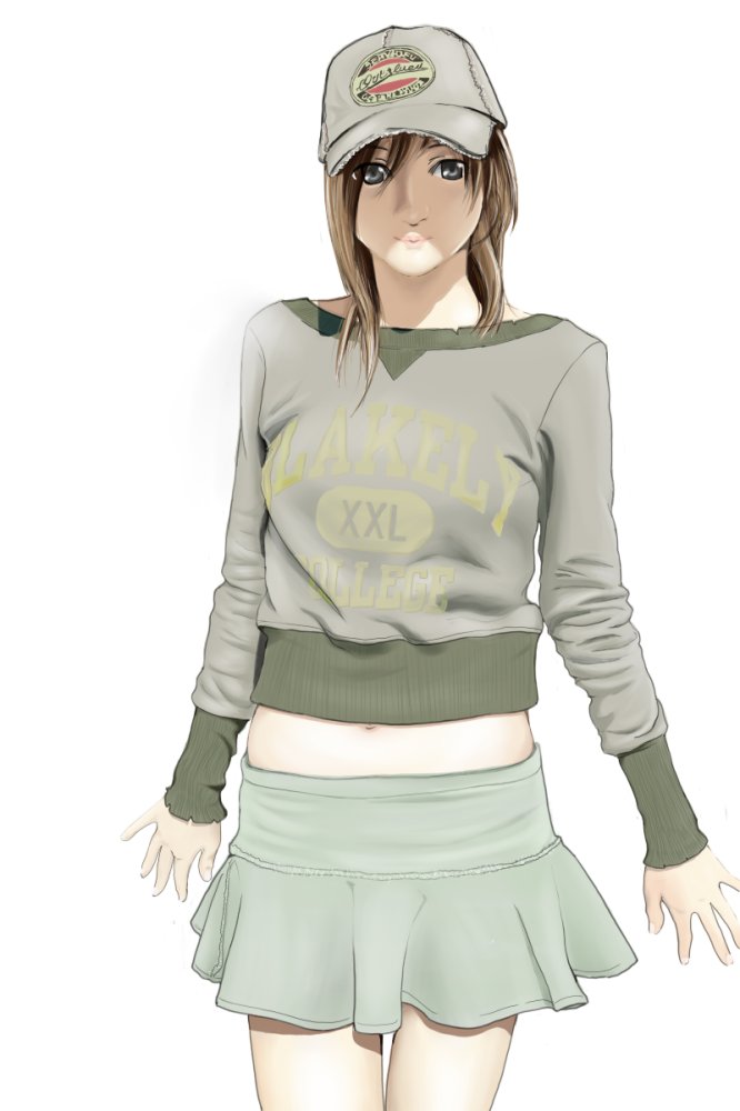 koogen pooku, original, tagme, brown hair, cropped sweater, hat, midriff, skirt, solo, sweater