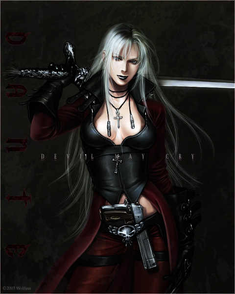 wolfina, dante (devil may cry), rebellion (sword), capcom, devil may cry (series), silver hair, 00s, 1girl, breasts, dark, female focus, genderswap, genderswap (mtf), gun, jewelry, medium breasts, necklace, nipples, solo, sword, weapon