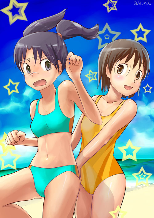 aisha callaaisha, amasawa yuuko, okonogi yuuko, dennou coil, 00s, 2girls, beach, bikini, black hair, blush, brown hair, day, glasses, multiple girls, one-piece swimsuit, purple hair, short hair, swimsuit, twintails