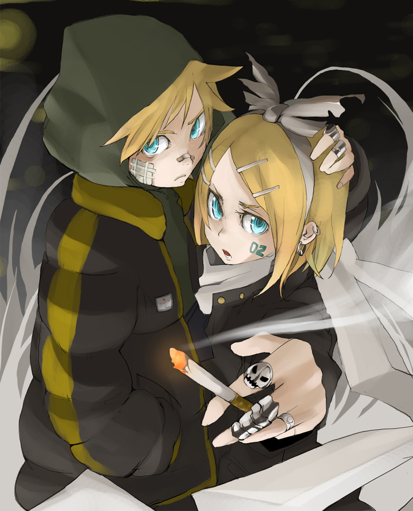 tansuke, kagamine len, kagamine rin, vocaloid, 1boy, 1girl, bandaid, blonde hair, blue eyes, brother and sister, cigarette, earrings, hair ribbon, hood, jewelry, ribbon, ring, short hair, siblings, smoke, smoking, streetwear, twins