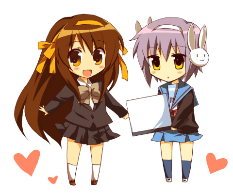 pokopi, nagato yuki, suzumiya haruhi, suzumiya haruhi-chan no yuuutsu, suzumiya haruhi no shoushitsu, suzumiya haruhi no yuuutsu, lowres, 00s, 10s, 2girls, alternate costume, alternate hairstyle, bunny headphones, cardigan, chibi, headphones, kouyouen academy school uniform, long hair, multiple girls, official alternate hair length, official alternate hairstyle, school uniform