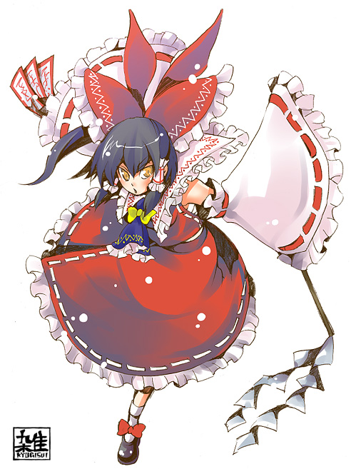 kogawa, hakurei reimu, subterranean animism, touhou, 1girl, :o, black hair, blush, bow, brown eyes, collar, detached sleeves, dual wielding, female focus, frills, gohei, hair bow, hair tubes, holding, ofuda, open mouth, red bow, red skirt, ribbon-trimmed sleeves, ribbon trim, sidelocks, skirt, solo, vest, white background