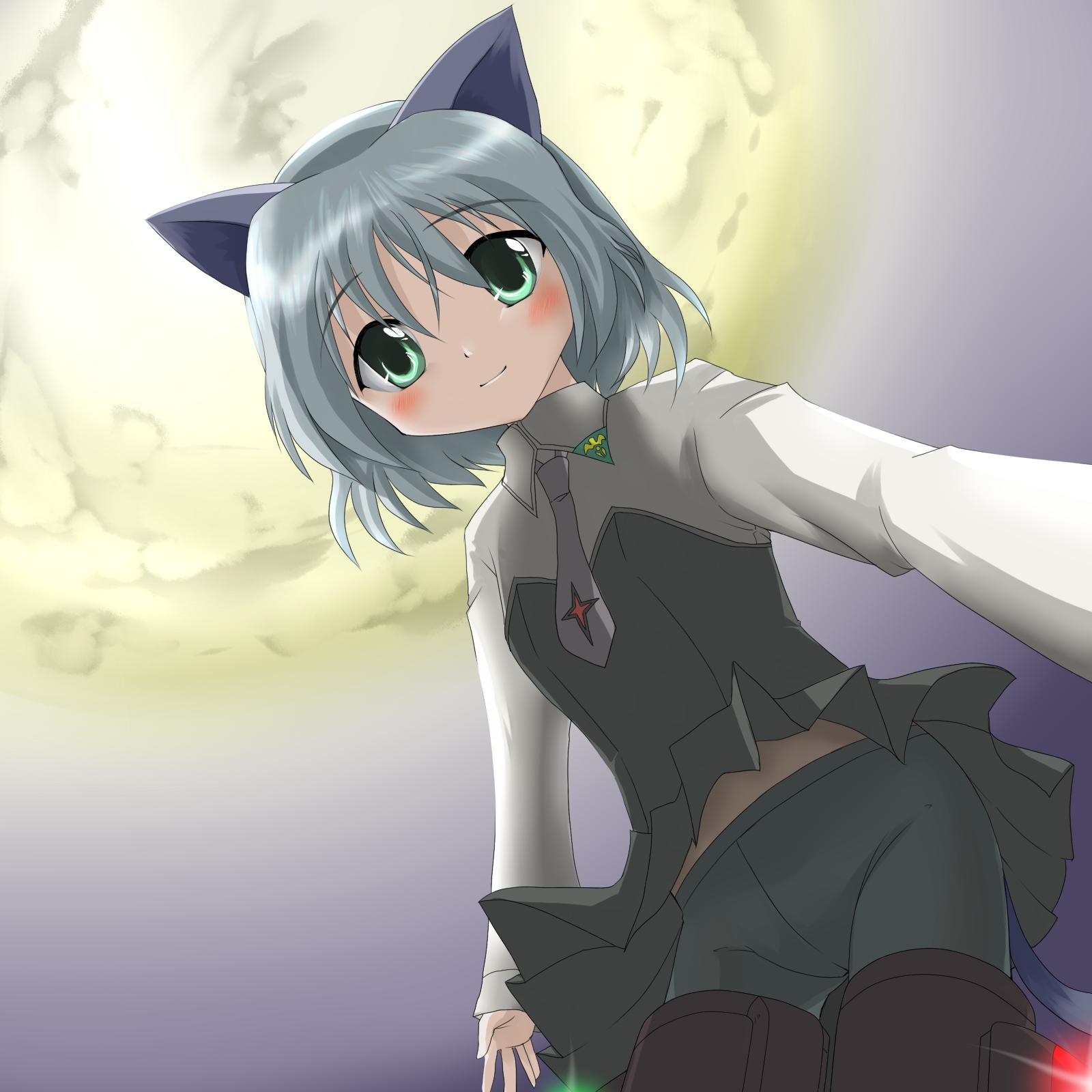 yoshizawa hikoto, sanya v. litvyak, strike witches, world witches series, silver hair, bad id, bad pixiv id, highres, 00s, 1girl, animal ears, black pantyhose, blush, crotch seam, female focus, green eyes, midriff, moon, pantyhose, short hair, solo, striker unit