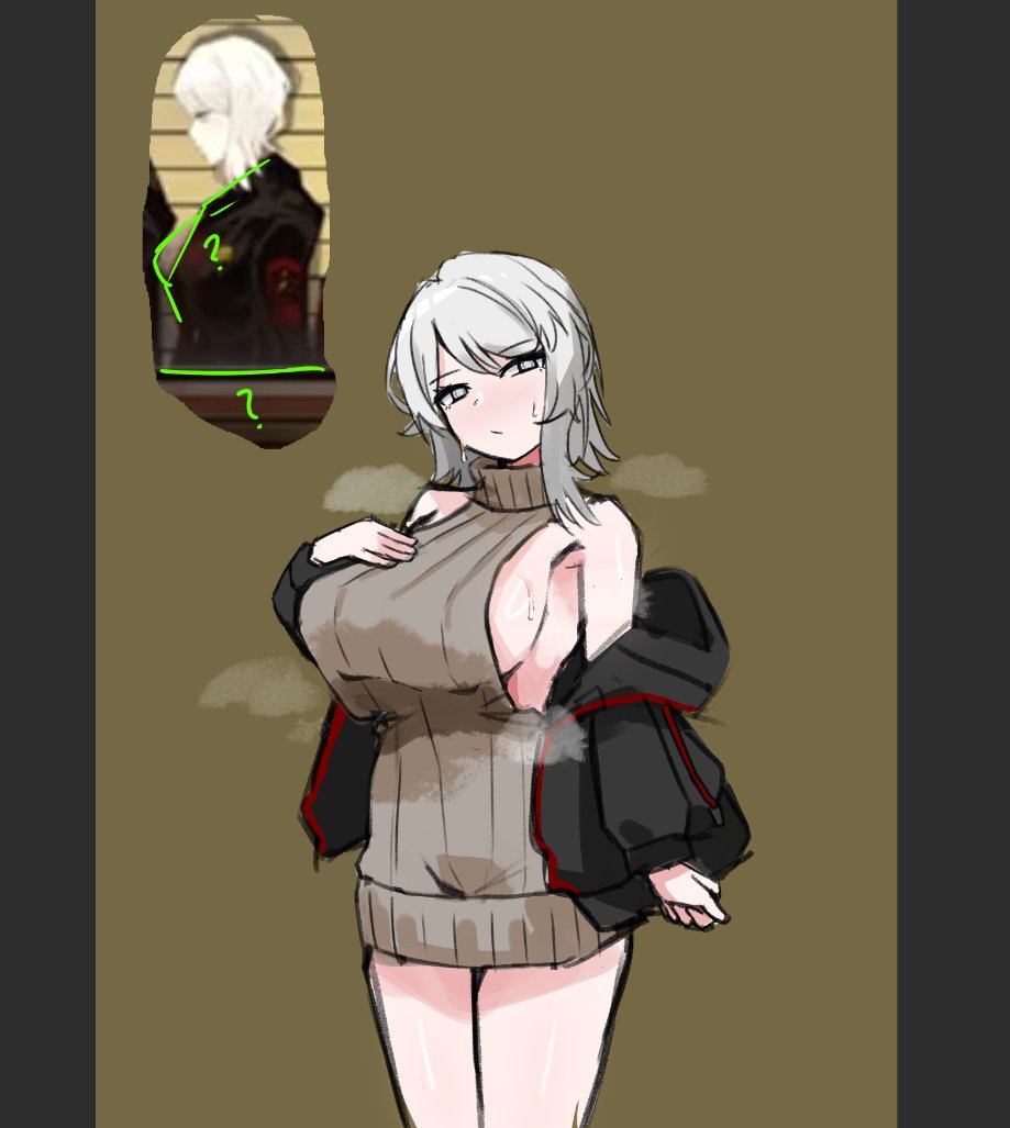 catnip scent, faust (project moon), limbus company, project moon, 1girl, black border, black jacket, blue eyes, border, breasts, brown background, closed mouth, grey sweater, jacket, large breasts, long sleeves, looking at viewer, off-shoulder jacket, off shoulder, reference inset, short hair, sideboob, simple background, sleeveless, sleeveless turtleneck, solo, standing, sweat, sweater, turtleneck, upper body, white hair