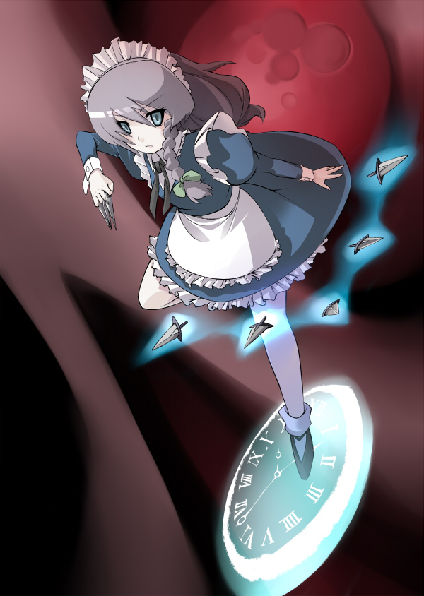 numako, izayoi sakuya, touhou, silver hair, 1girl, between fingers, black shoes, braid, female focus, holding, knife, shoes, short hair, solo, throwing knife, twin braids, weapon