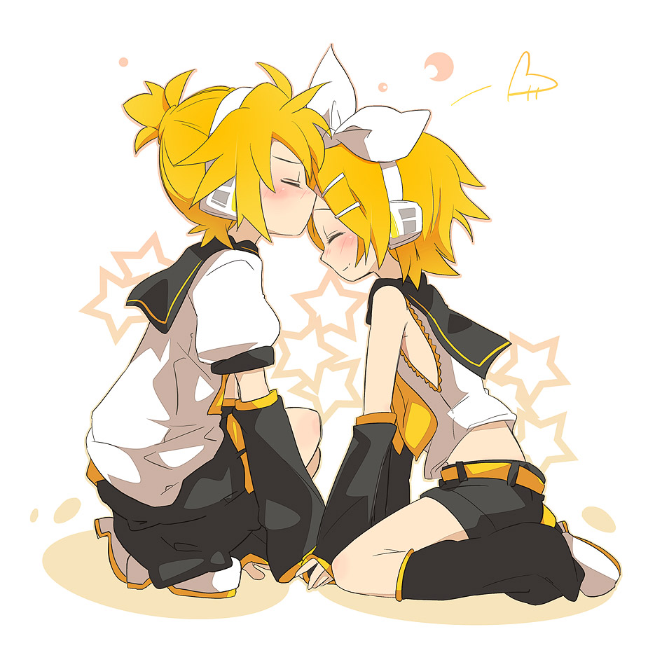 ixy, kagamine len, kagamine rin, vocaloid, 1boy, 1girl, belt, blonde hair, blush, brother and sister, closed eyes, detached sleeves, hair ribbon, headphones, hetero, kiss, kissing forehead, leg warmers, midriff, ponytail, ribbon, school uniform, serafuku, short hair, shorts, siblings, sleeveless, smile, star (symbol), twins