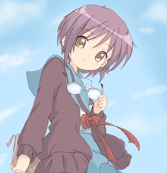 core (mayomayo), clerk nagato, nagato yuki, suzumiya haruhi no yuuutsu, eyebrows, bad id, bad pixiv id, 00s, 1girl, arm at side, blue skirt, blue sky, blush, book, bookmark, bow, cardigan, cloud, day, female focus, from below, glasses, holding, holding book, holding removed eyewear, long sleeves, looking to the side, miniskirt, open cardigan, open clothes, outdoors, over-rim eyewear, purple hair, red bow, red ribbon, ribbon, school uniform, semi-rimless eyewear, serafuku, short hair, skirt, sky, solo, unworn eyewear, upper body, yellow eyes