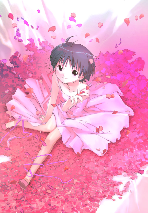 misagi nagu, kikuchi makoto, idolmaster, idolmaster (classic), idolmaster 1, 00s, 1girl, antenna hair, cherry blossoms, dress, female focus, petite, solo