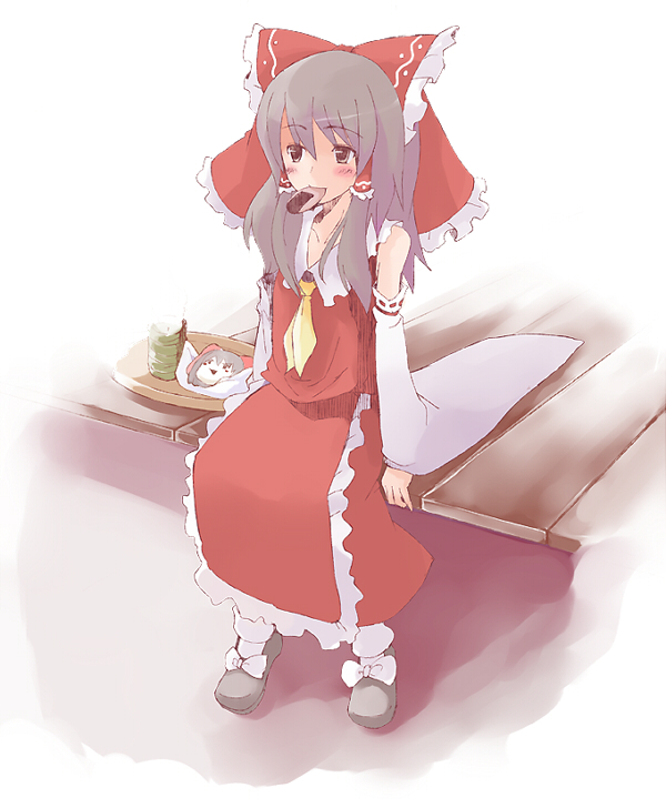 numako, hakurei reimu, touhou, 1girl, female focus, food, mouth hold, porch, sitting, solo, tea, veranda, yukkuri shiteitte ne