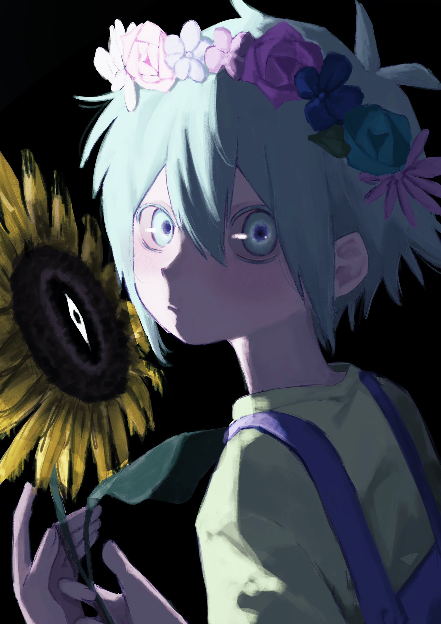 basil (headspace) (omori), basil (omori), something (omori), omori, highres, 1boy, antenna hair, black background, blue overalls, closed mouth, flower, green eyes, green hair, green shirt, hair between eyes, head wreath, holding, holding flower, looking at viewer, madai (si 202), male focus, overalls, shirt, short hair, short sleeves, simple background, solo, sunflower, t-shirt, upper body