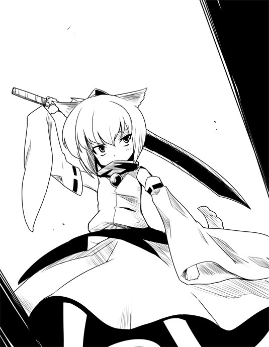 kiku hitomoji, tora tooru, toru tooru, inubashiri momiji, touhou, 1girl, female focus, greyscale, monochrome, solo, sword, weapon, wolf ears