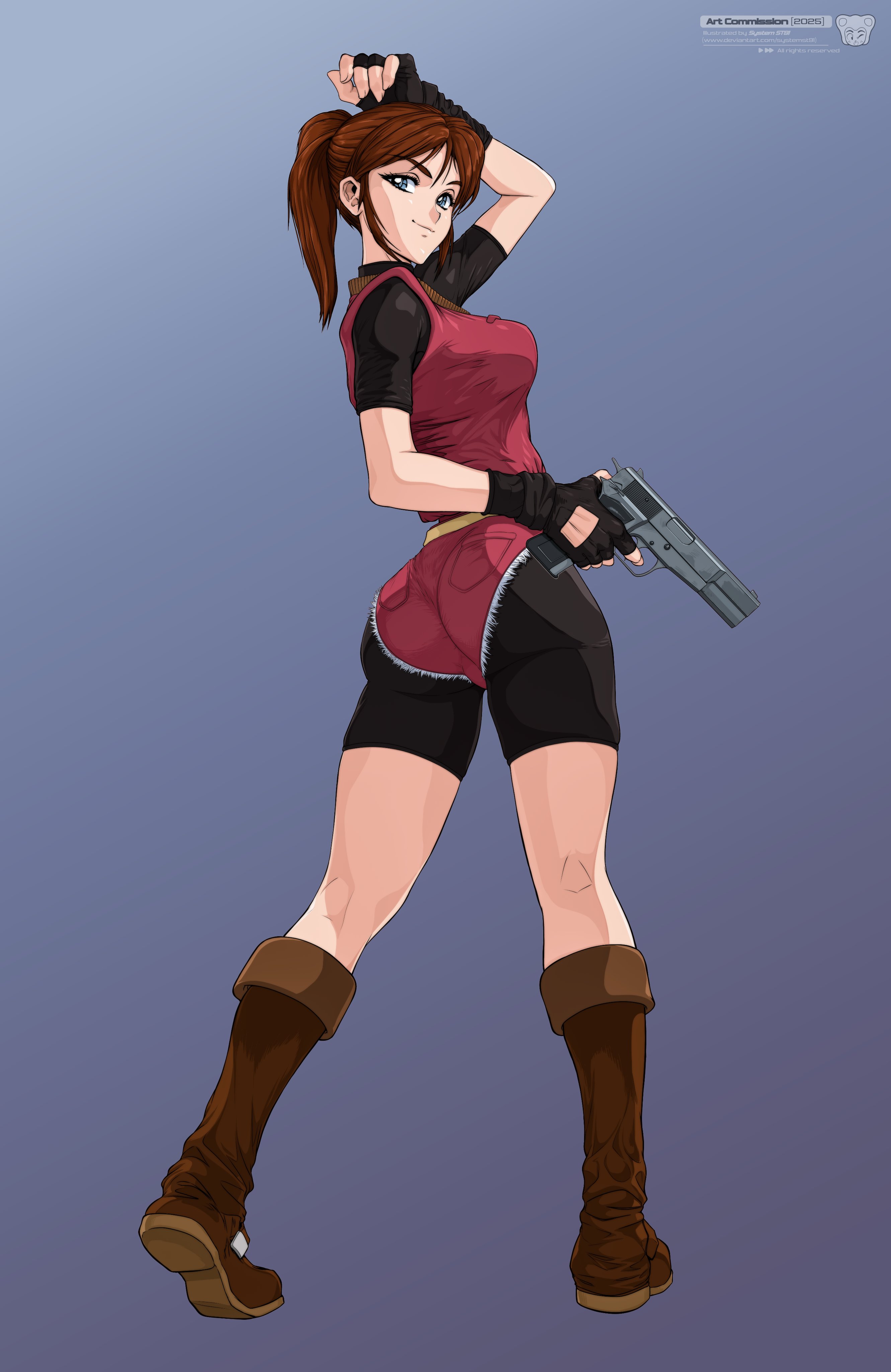 system st91, claire redfield, resident evil, resident evil 2, absurdres, highres, 1girl, ass, bike shorts, bike shorts under shorts, black gloves, black shirt, blue eyes, boots, brown boots, brown hair, closed mouth, fingerless gloves, full body, gloves, grey background, gun, hand on own head, holding, holding gun, holding weapon, long hair, looking at viewer, ponytail, red shorts, red vest, shirt, short sleeves, shorts, sidelocks, smile, solo, standing, thighs, turtleneck, turtleneck shirt, vest, weapon