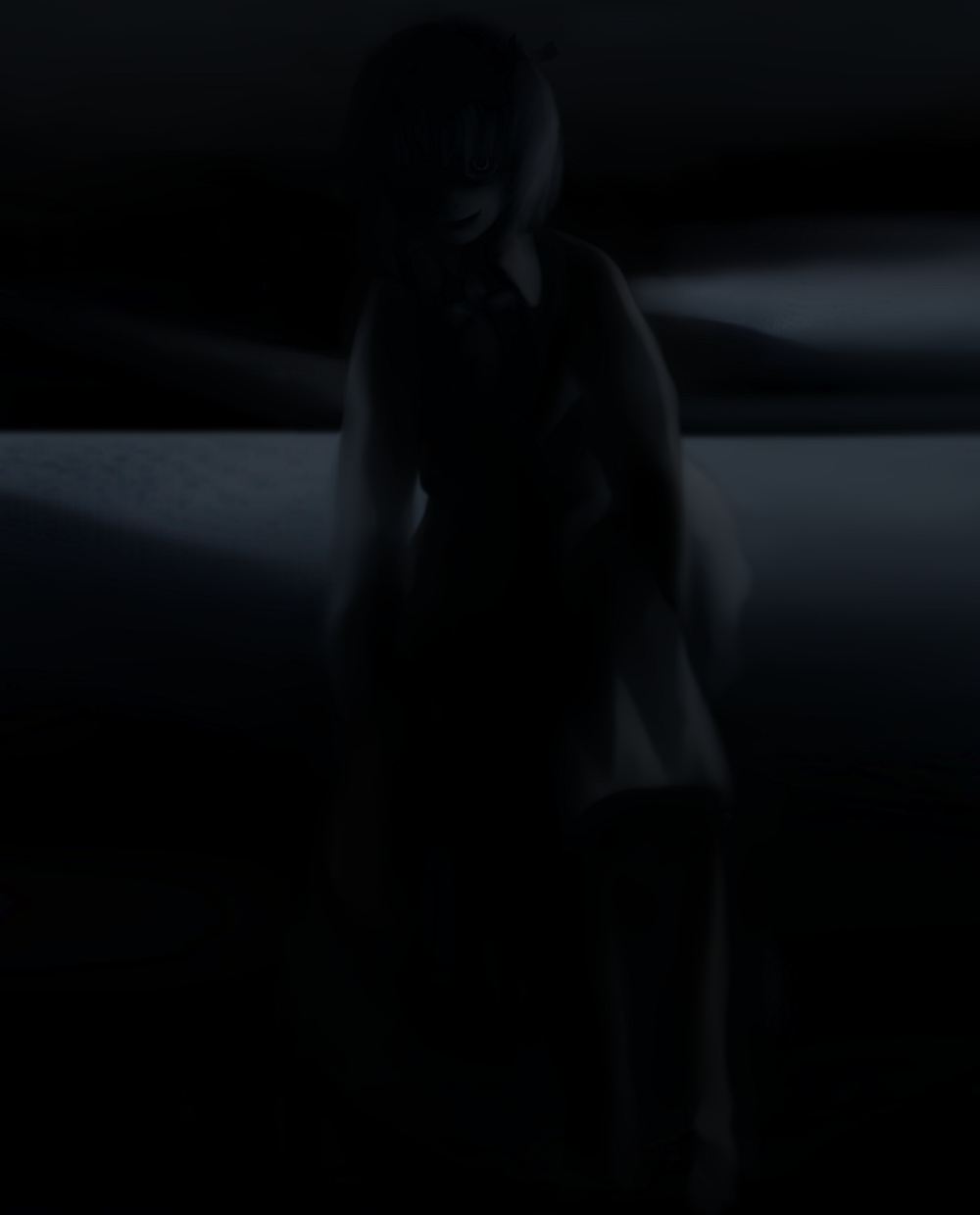 futon (kitsune tsuki), kitsune tsuki, cirno, rumia, embodiment of scarlet devil, touhou, highres, 2girls, creepy, dark, female focus, horror (theme), monochrome, multiple girls