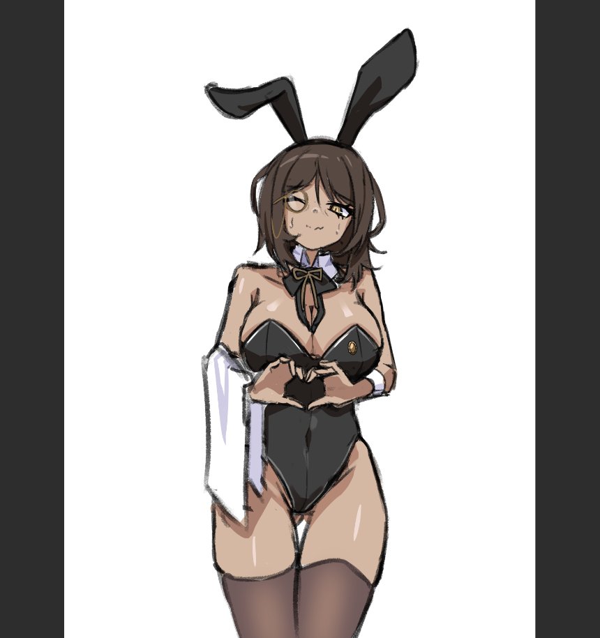 catnip scent, outis (project moon), limbus company, project moon, 1girl, alternate costume, animal ear hairband, animal ears, black border, black bow, black bowtie, black leotard, border, bow, bowtie, breasts, brown hair, cleavage, covered navel, dark-skinned female, dark skin, detached collar, fake animal ears, grey thighhighs, hairband, heart, heart hands, large breasts, leotard, looking at viewer, one eye closed, playboy bunny, rabbit ear hairband, rabbit ears, short hair, simple background, solo, standing, strapless, strapless leotard, thighhighs, towel, towel on arm, upper body, white background, wuthering heights (identity) (project moon), yellow eyes