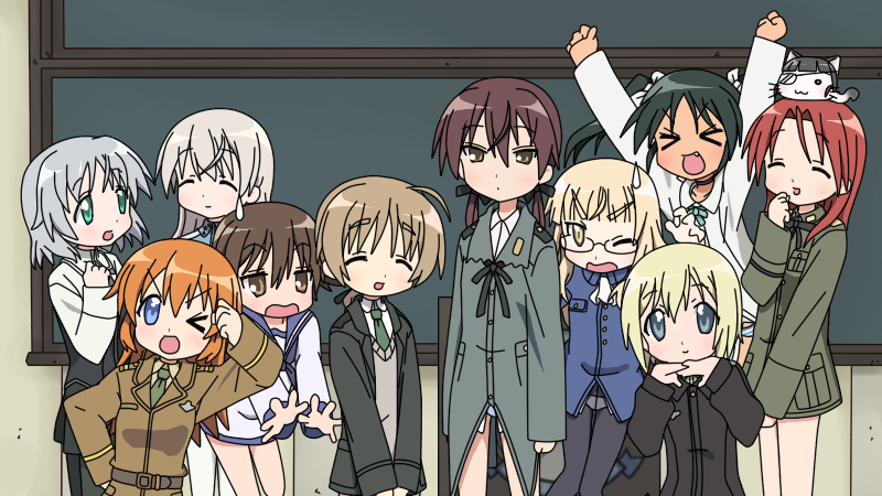 k10k, charlotte e. yeager, eila ilmatar juutilainen, erica hartmann, francesca lucchini, gertrud barkhorn, hiiragi kagami, hiiragi tsukasa, iwasaki minami, izumi konata, kobayakawa yutaka, kusakabe misao, lynette bishop, minegishi ayano, minna-dietlinde wilcke, miyafuji yoshika, patricia martin, perrine h. clostermann, sakamoto mio, sanya v. litvyak, takara miyuki, tamura hiyori, lucky star, motteke! serafuku, strike witches, world witches series, 501st joint fighter wing, 6+girls, black pantyhose, everyone, glasses, multiple girls, panties, pantyhose, parody, tareme, tsurime, underwear, white pantyhose