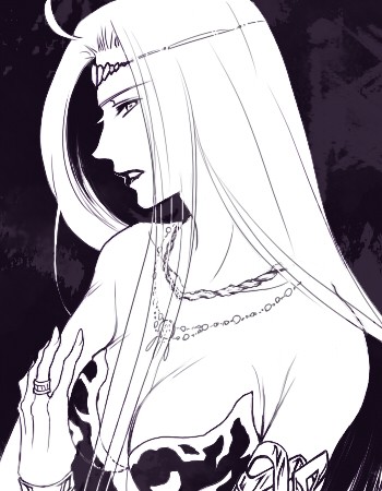 soranokaze15, barbariccia, final fantasy, final fantasy iv, lowres, 1990s (style), 1girl, bikini, breasts, female focus, greyscale, jewelry, long hair, monochrome, necklace, retro artstyle, ring, simple background, solo, swimsuit