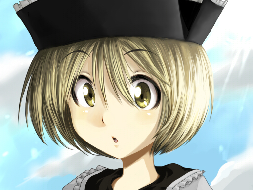 harusame (unmei no ikasumi), lunasa prismriver, touhou, 1girl, blonde hair, cloud, female focus, hat, outdoors, portrait, sky, solo, surprised