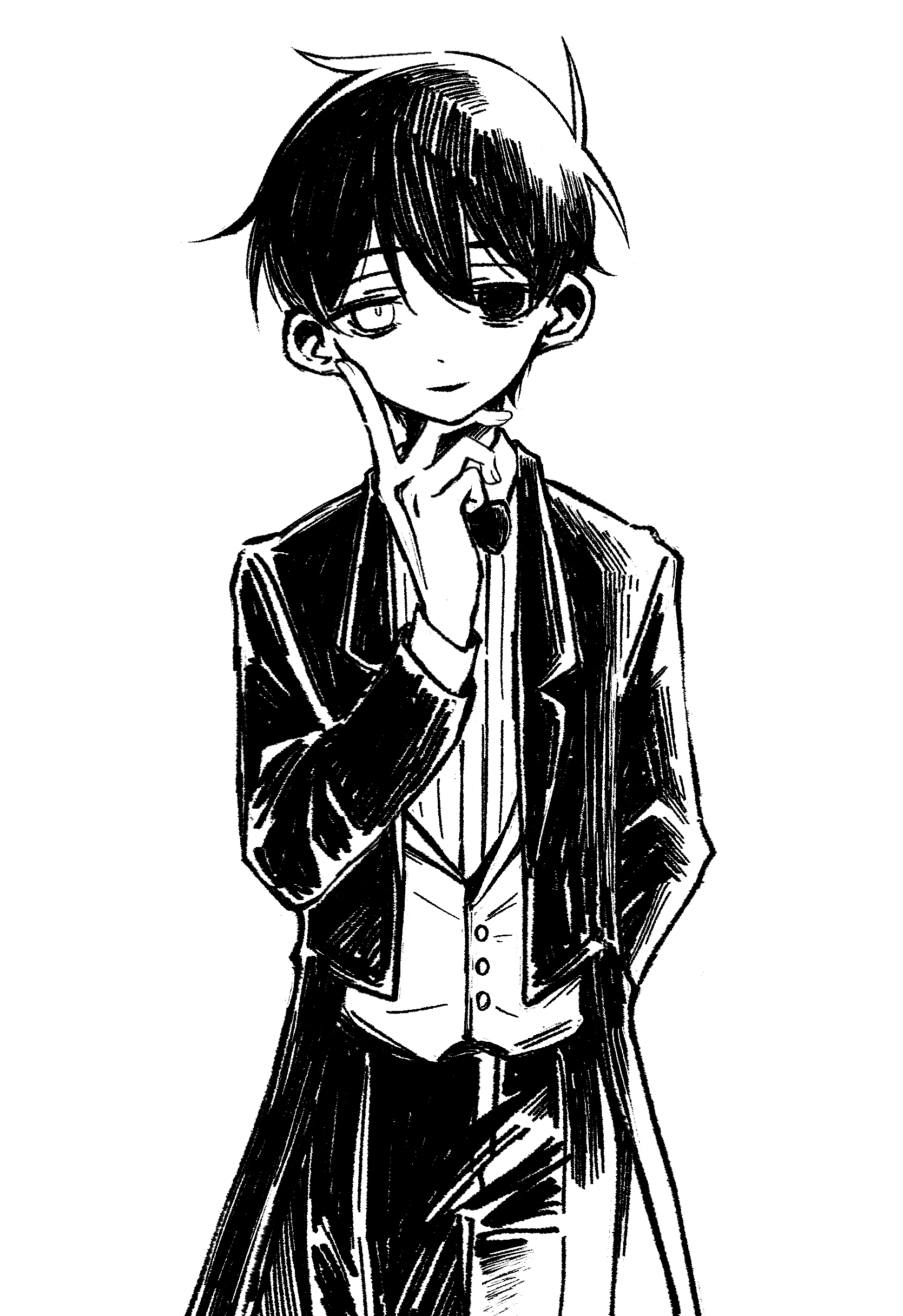 gaks030, sunny (omori), omori, absurdres, chinese commentary, commentary request, highres, spoilers, 1boy, antenna hair, bags under eyes, buttons, coat, cowboy shot, double-parted bangs, fingernails, greyscale, hair behind ear, hair between eyes, hand in pocket, hand on own chin, hand up, hatching (texture), heterochromia, high contrast, lapels, layered sleeves, long sleeves, looking at viewer, monochrome, no pupils, official alternate costume, open clothes, open coat, pants, ribbed shirt, shirt, short hair, simple background, single empty eye, solo, standing, very short hair, vest, white background