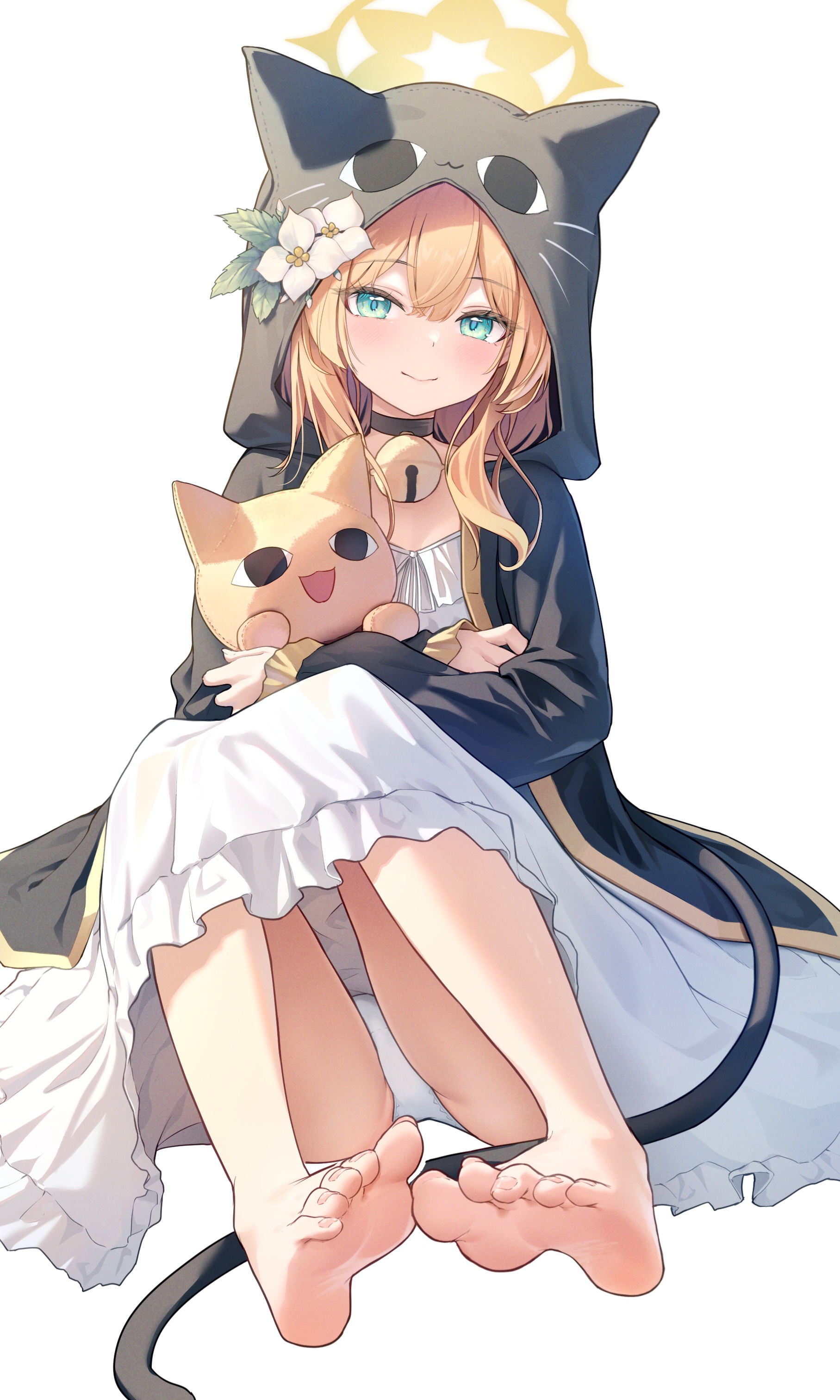 chiu538, mari (blue archive), blue archive, absurdres, highres, 1girl, animal costume, animal ears, animal hood, barefoot, bell, black choker, blue eyes, blush, cat ears, cat hood, cat tail, choker, feet, flower, foot focus, hair between eyes, halo, hat, hat flower, holding, holding stuffed toy, hood, hood up, hugging doll, hugging object, jingle bell, long hair, long sleeves, looking at viewer, neck bell, orange hair, panties, pantyshot, sitting, smile, soles, solo, stuffed animal, stuffed cat, stuffed toy, tail, toenails, toes, underwear, white background, white flower, white panties, yellow halo