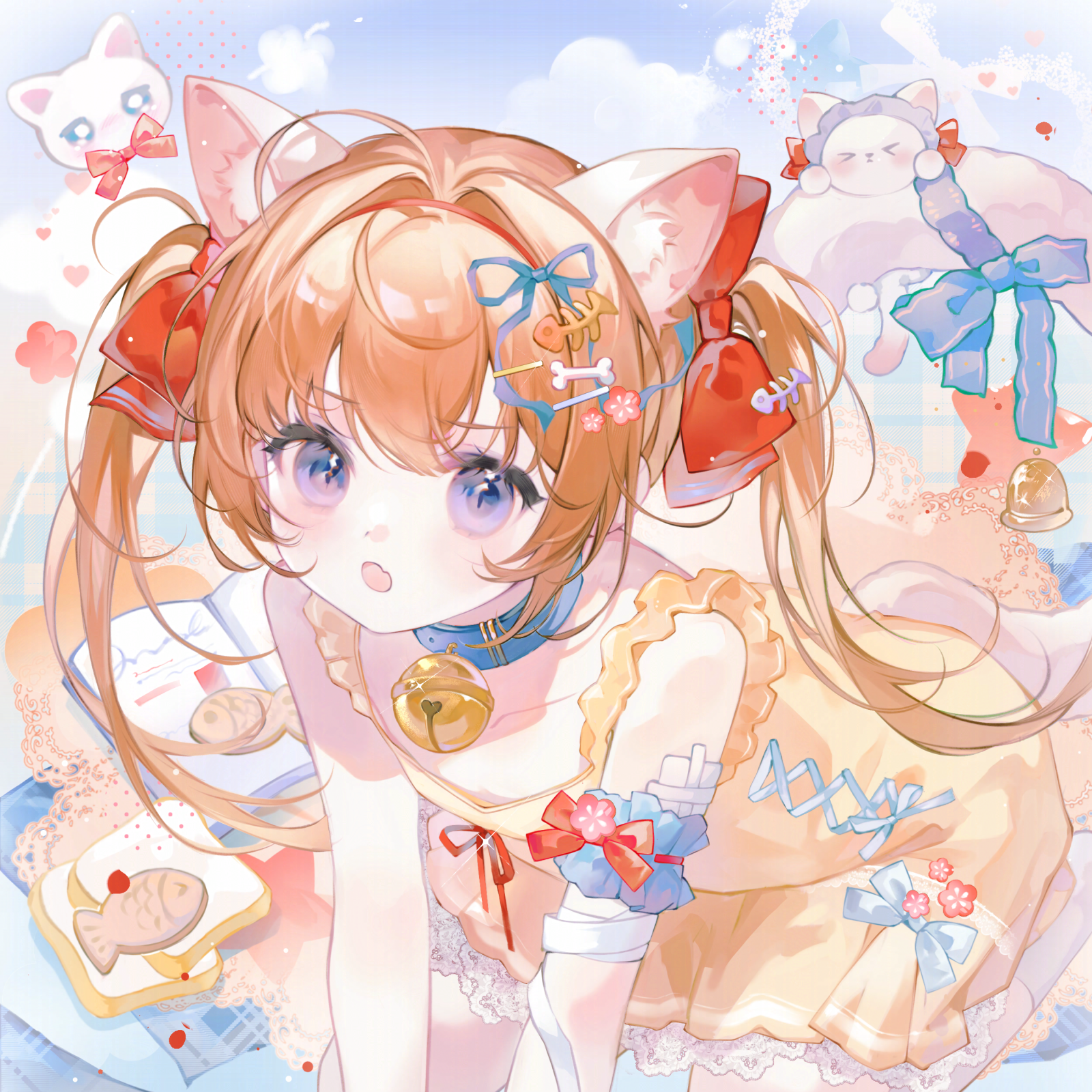 jinyejing, original, highres, 1girl, :o, animal ear fluff, animal ears, bandages, bare shoulders, bell, blue bow, blue collar, blush, bow, brown hair, cat, cat ears, cat girl, cat tail, collar, collarbone, dress, food, hair bow, hair intakes, hair ornament, hair ribbon, hairclip, jingle bell, long hair, looking at viewer, neck bell, open mouth, purple eyes, red bow, red ribbon, ribbon, sleeveless, sleeveless dress, solo, tail, tail bow, tail ornament, twintails, yellow dress