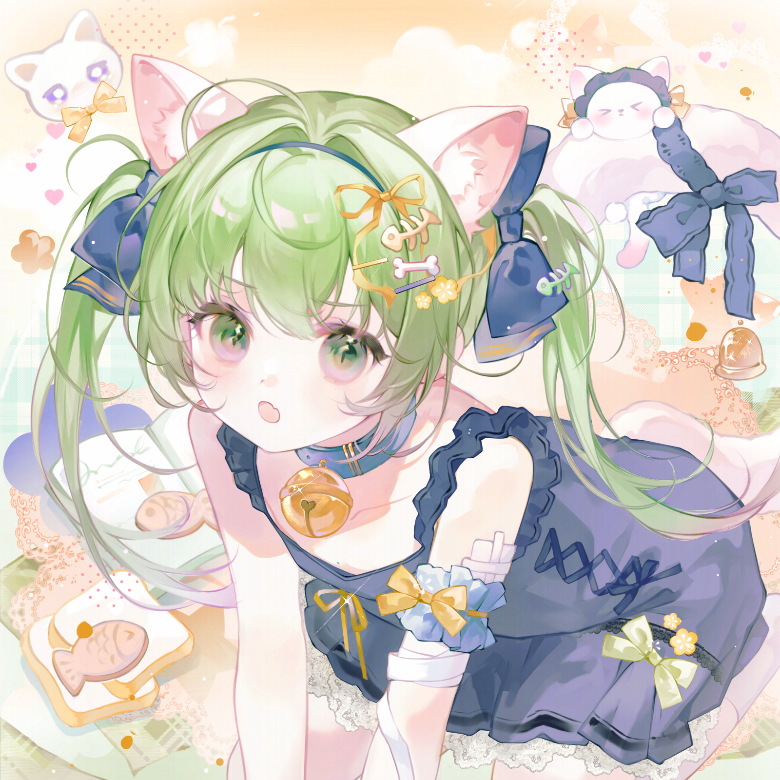 jinyejing, original, commentary request, highres, 1girl, :o, all fours, animal ear fluff, animal ears, bandages, bell, black dress, blue bow, blue collar, blue dress, bow, cat, cat ears, cat girl, cat tail, collar, collarbone, dress, fang, food, frills, green eyes, green hair, hair bow, hair intakes, hair ornament, hair ribbon, jingle bell, long hair, looking at viewer, neck bell, open mouth, ribbon, sleeveless, sleeveless dress, solo, tail, tail ornament, twintails