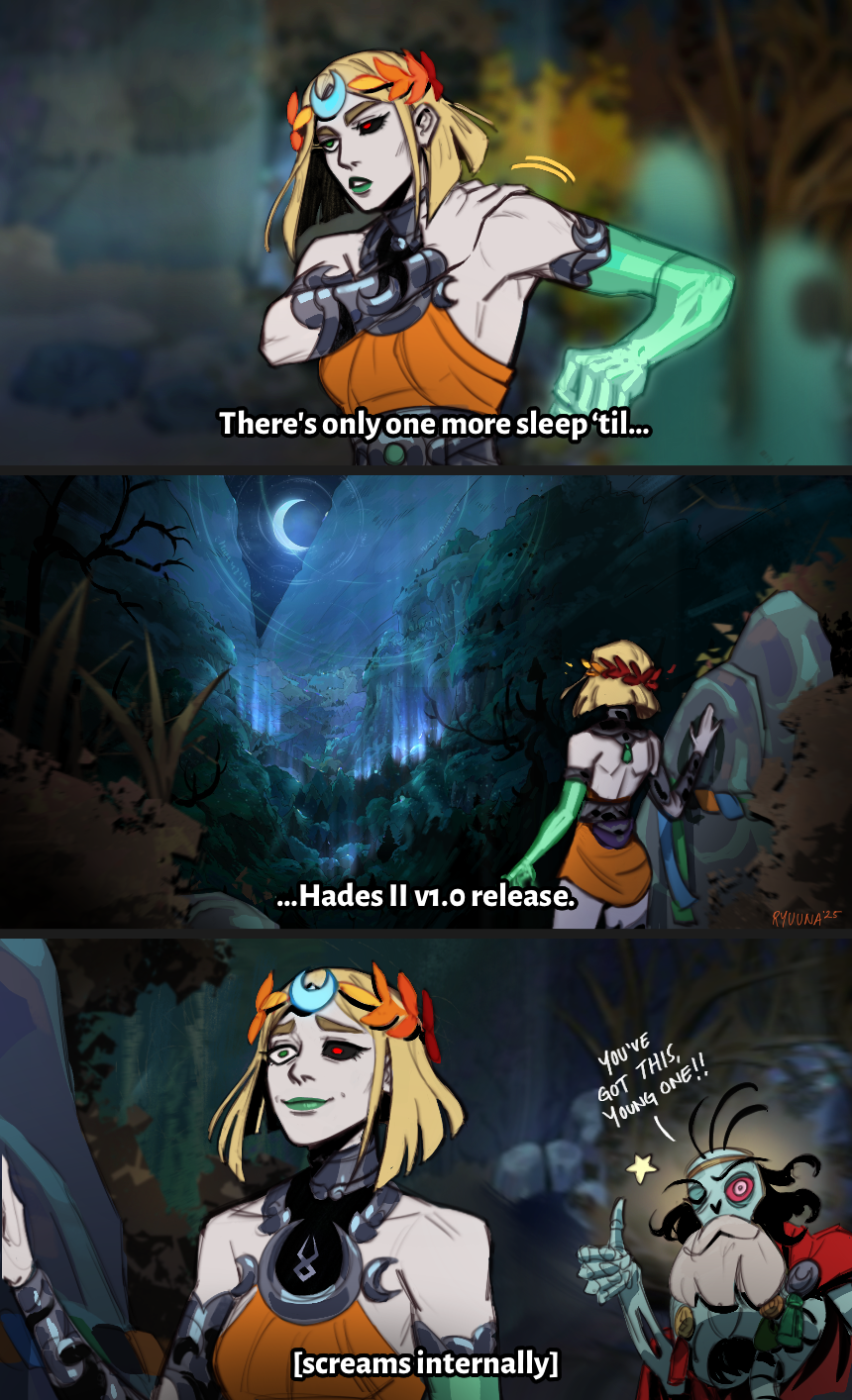 grace kim (ryuuna), melinoe (hades), skelly (hades), hades (series), hades 2, muppets, highres, 1boy, 1girl, beard, black sclera, blonde hair, colored sclera, crescent moon, dress, english text, facial hair, forest, green eyes, green lips, heterochromia, laurel crown, meme, moon, mountain, nature, night, one eye closed, orange dress, red eyes, skeletal arm, skeleton, star (symbol), subtitled, thumbs up, tree