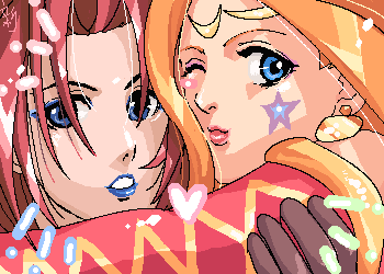 miki (chrono cross), nikki (chrono cross), chrono (series), chrono cross, lowres, 1boy, 1girl, ;), blonde hair, blue eyes, couple, earrings, glint, heart, hetero, hug, jewelry, lips, lipstick, looking at viewer, makeup, one eye closed, parted bangs, red hair, smile, upper body