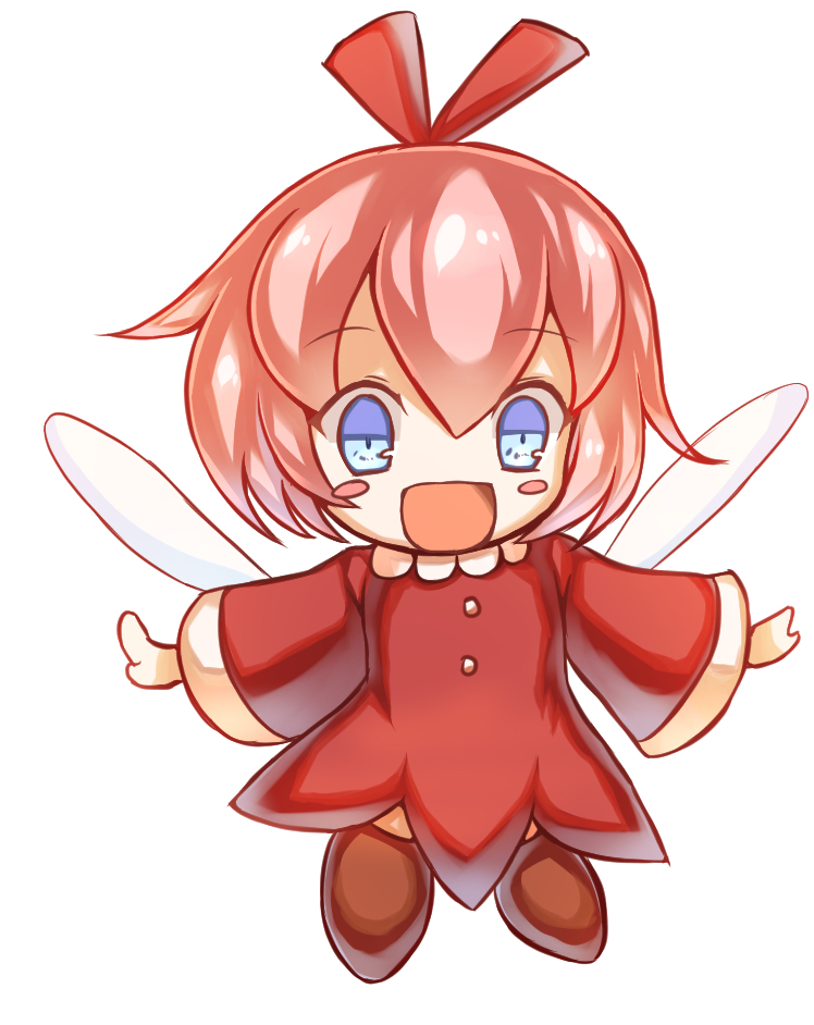 ribbon (kirby), kirby (series), kirby 64, nintendo, blue eyes, blush, blush stickers, dress, fairy, fairy wings, hair ribbon, long sleeves, open mouth, pink hair, red dress, red ribbon, ribbon, short hair, smile, solo, user cmxg2334, wings