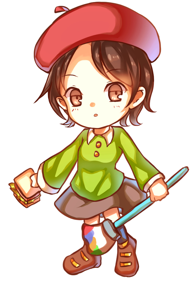 adeleine, kirby (series), kirby 64, nintendo, 1girl, beret, blue eyes, brown eyes, brown hair, hat, holding, long sleeves, open mouth, paintbrush, red hat, shirt, short hair, skirt, smile, user cmxg2334