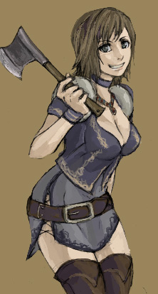 taro (artist), olivia (god hand), capcom, god hand, lowres, 1girl, axe, belt, blue eyes, boots, breasts, brown hair, choker, cleavage, female focus, hatchet, hatchet (axe), jewelry, miniskirt, necklace, short hair, skirt, smile, solo, thighhighs, warrior, weapon, wristband