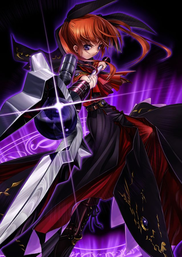 tom (1art.), raising heart, raising heart (buster mode), takamachi nanoha, lyrical nanoha, mahou shoujo lyrical nanoha, 00s, 1girl, alternate costume, alternate weapon, bow, brown hair, dark persona, female focus, long hair, magic circle, magical girl, purple eyes, red bow, red hair, solo, staff, twintails, weapon, white devil
