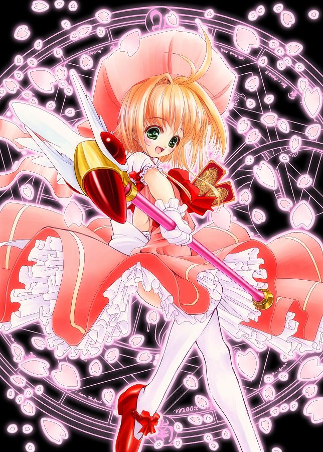 tom (1art.), clow card, kinomoto sakura, kinomoto sakura (magician), cardcaptor sakura, 1990s (style), 1girl, brown hair, card, child, female focus, fuuin no tsue, green eyes, hat, holding, holding card, magic circle, magical girl, petals, pink hat, retro artstyle, short hair, solo, staff, thighhighs