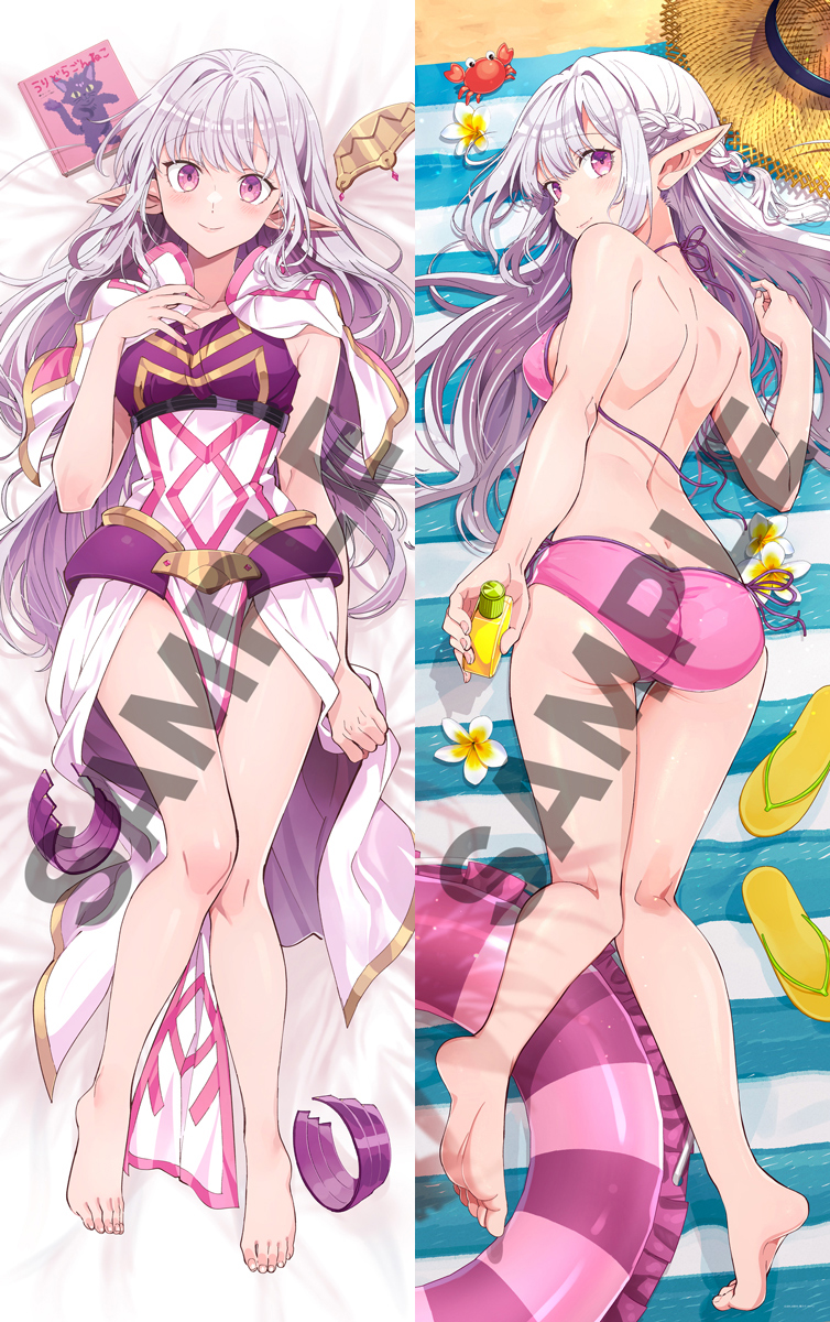mariabelle (elf-san), nihon e youkoso elf-san., point, official art, 1girl, ass, back, barefoot, blush, braid, breasts, clothing cutout, dakimakura (medium), dress, elf, feet, full body, hip vent, kneepits, large breasts, lifebuoy, long hair, looking at viewer, pink eyes, pointy ears, purple eyes, sample watermark, shoulder blades, sidelocks, smile, swim ring, thighs, very long hair, watermark, white hair