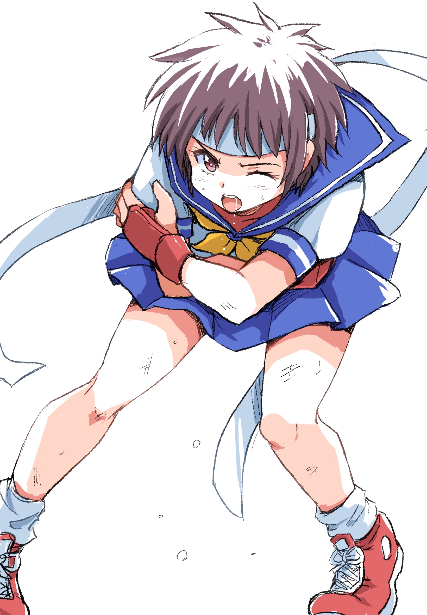 ikaringo (ikaringo4444), kasugano sakura, capcom, converse, street fighter, street fighter zero (series), highres, 1girl, ascot, blue sailor collar, blue skirt, brown eyes, brown hair, female focus, fingerless gloves, gloves, headband, matching hair/eyes, one eye closed, open mouth, red gloves, sailor collar, saliva, school uniform, shoes, short hair, skirt, sneakers, solo, teeth, upper teeth only, white background, white headband, yellow ascot