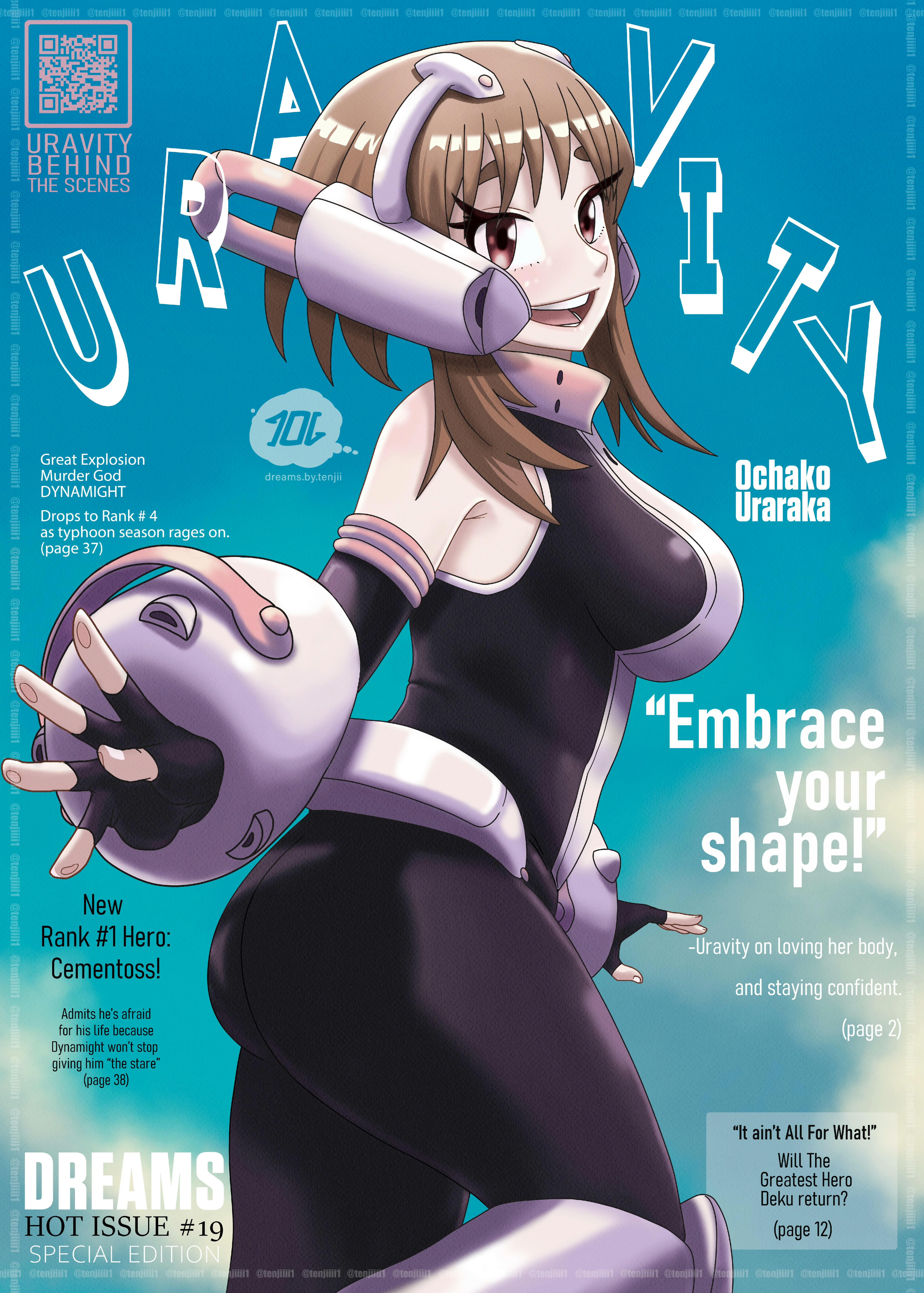 uraraka ochako, boku no hero academia, absurdres, highres, 1girl, ass, black bodysuit, bodysuit, breasts, brown eyes, brown hair, character name, cover, english text, female focus, large breasts, magazine cover, multicolored bodysuit, open mouth, pink bodysuit, short hair, sidelocks, skin tight, smile, solo, superhero costume, teeth, uraraka ochako (hero outfit), white bodysuit