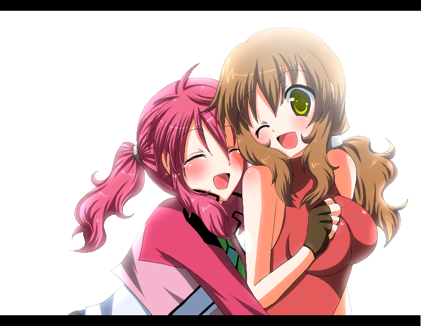 ui (yk), christina sierra, feldt grace, gundam, gundam 00, bad id, bad pixiv id, 00s, 2girls, artistic error, bare shoulders, blush, brown hair, closed eyes, fingerless gloves, from behind, gloves, green eyes, happy, hug, hug from behind, letterboxed, multiple girls, open mouth, pink hair, ponytail, smile, tears, wink