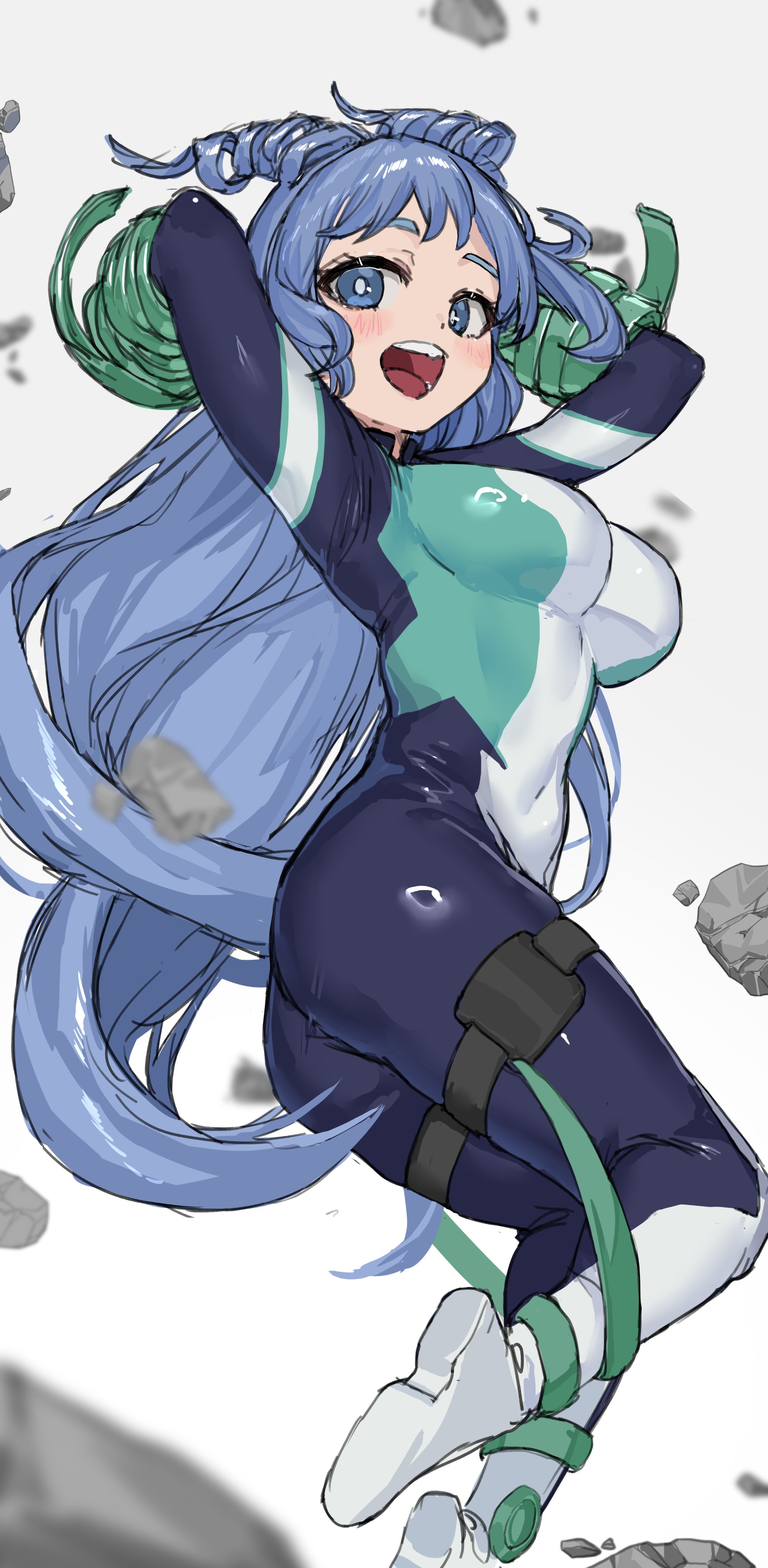 hado nejire, boku no hero academia, absurdres, artist request, highres, 1girl, ass, blue bodysuit, blue eyes, blue hair, bodysuit, breasts, female focus, large breasts, long hair, looking at viewer, matching hair/eyes, multicolored bodysuit, open mouth, skin tight, smile, solo, superhero costume, teeth, tongue, upper teeth only, very long hair