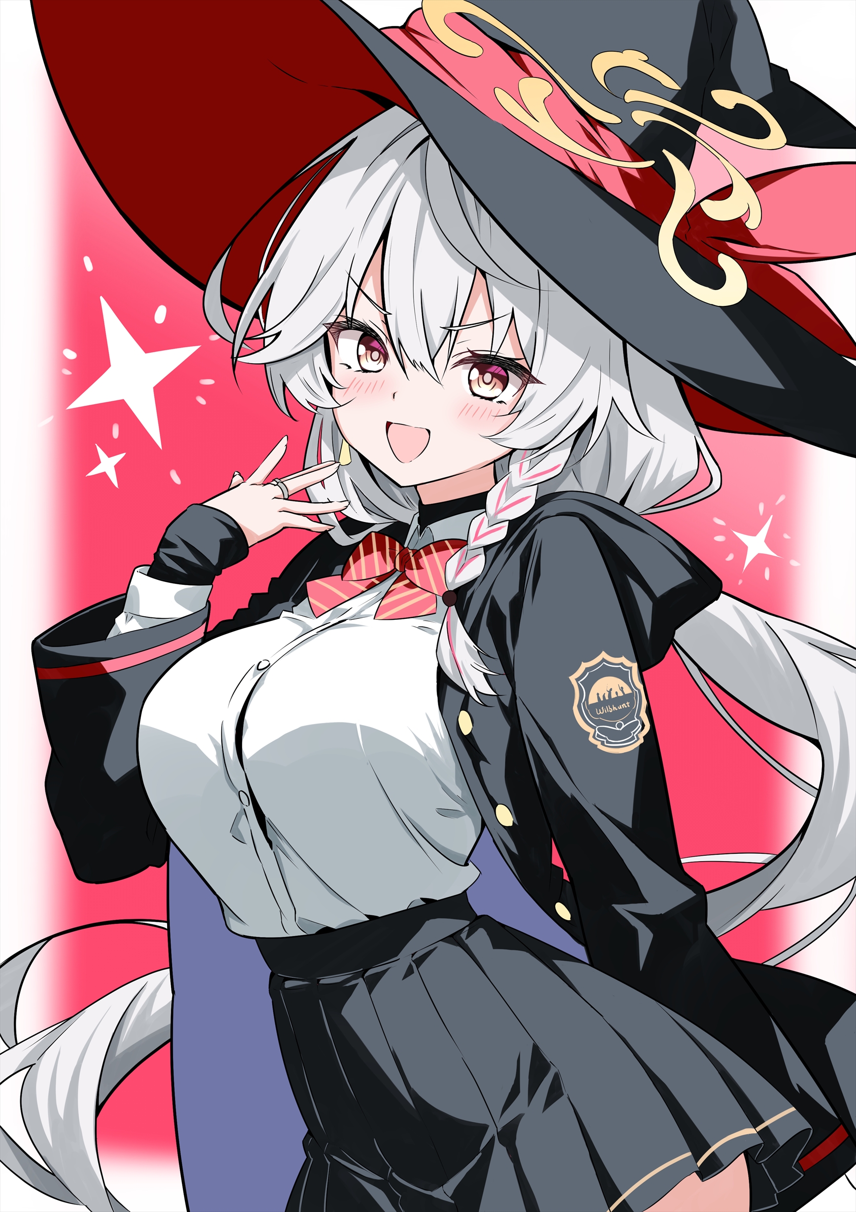 shamu (helix), eri (blue archive), blue archive, absurdres, highres, 1girl, black robe, black skirt, blush, bow, braid, breasts, hair between eyes, hair ornament, hat, jewelry, large breasts, long hair, long sleeves, looking at viewer, open mouth, pink eyes, pleated skirt, red bow, red hair, ring, robe, shirt, side braid, skirt, smile, solo, very long hair, white hair, white shirt, witch hat