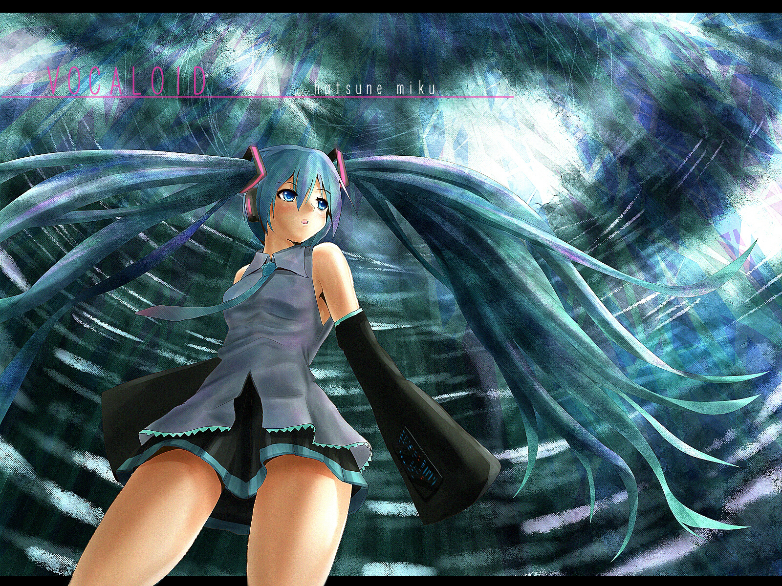 blastbeat, hatsune miku, vocaloid, bad id, bad pixiv id, highres, aqua hair, blue eyes, detached sleeves, letterboxed, long hair, necktie, skirt, solo, twintails, very long hair