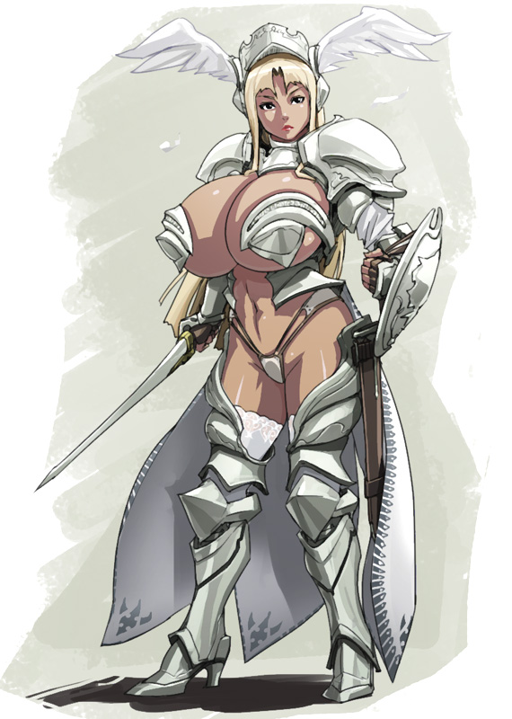 usatarou, original, 1girl, armor, black eyes, blonde hair, breasts, cape, female focus, head wings, helm, helmet, huge breasts, long hair, sheath, shield, solo, sword, thighhighs, weapon, wings