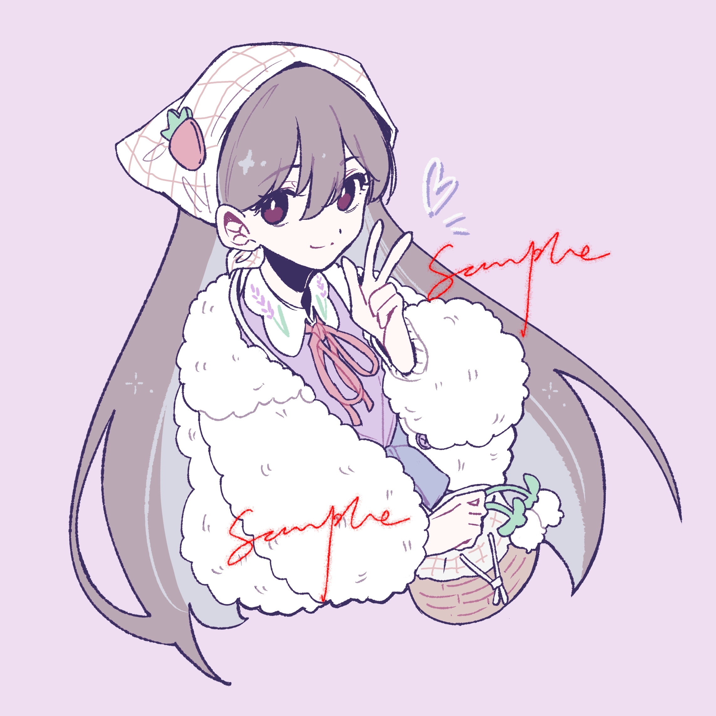 gaks030, mari (birthday) (omori), mari (faraway) (omori), mari (omori), omori, chinese commentary, commentary request, highres, 1girl, basket, bright pupils, brown eyes, collared shirt, contrast collar, cropped torso, double-parted bangs, flower, from above, fur jacket, grey hair, hair behind ear, hair between eyes, hand up, headscarf, heart, holding, holding basket, holding flower, jacket, lily of the valley, long hair, looking at viewer, neck ribbon, official alternate costume, open clothes, open jacket, pale skin, purple background, purple shirt, red ribbon, ribbon, sample watermark, shirt, simple background, solo, straight hair, very long hair, w, watermark, white flower, white headscarf, white jacket, white pupils