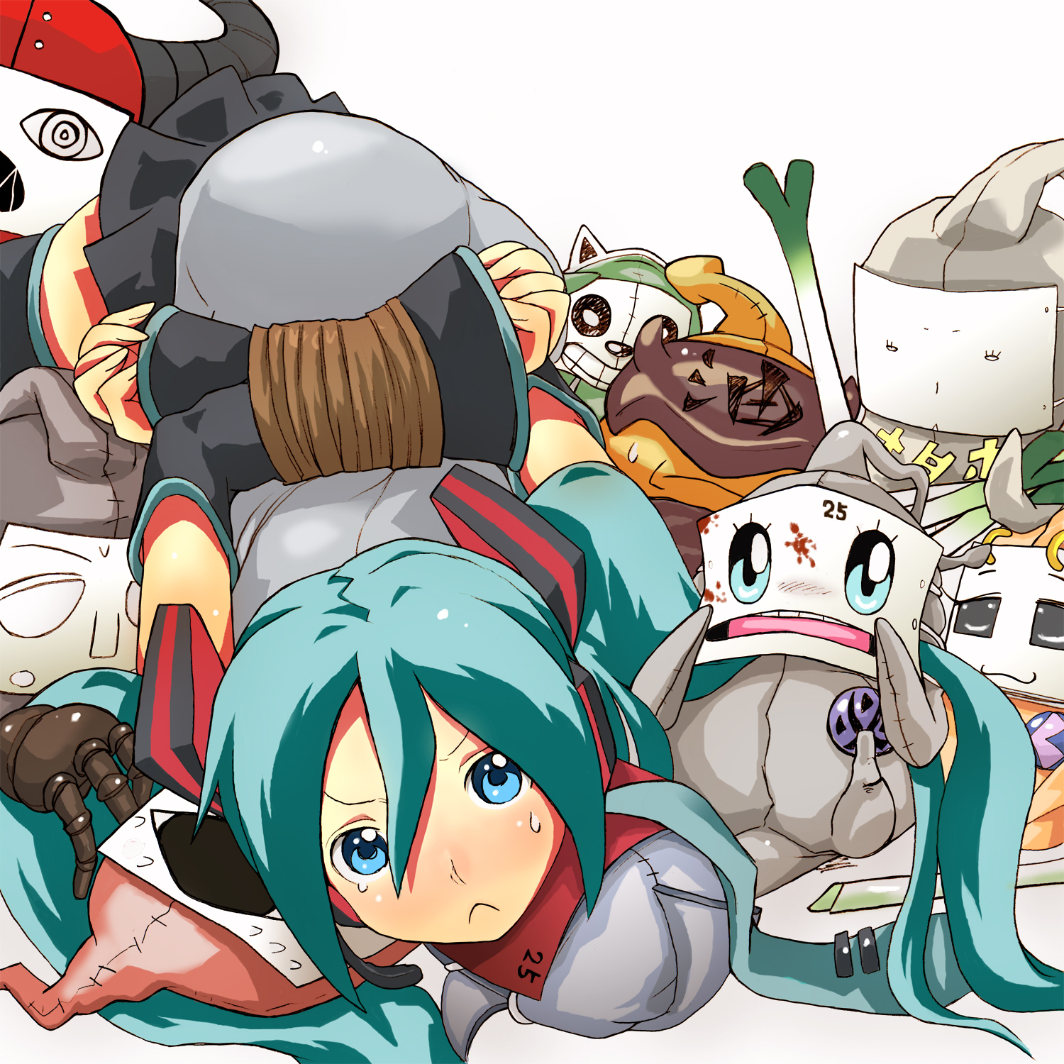 wadatsumi (abura23), hatsune miku, vocaloid, highres, 1girl, :<, bdsm, blue eyes, blue hair, blush, bondage, bound, bound arms, detached sleeves, female focus, long hair, lying, matching hair/eyes, necktie, puppet, rope, solo, spring onion, stuffed animal, stuffed toy, tears, twintails