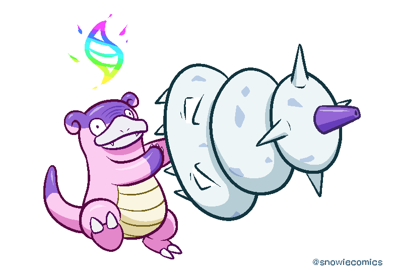 galarian slowbro, mega slowbro, slowbro, nintendo, pokemon, commentary request, closed mouth, fangs, flat color, full body, gen 1 pokemon, mega evolution symbol, mega pokemon, mega pokemon (other), no humans, nostrils, pokemon (creature), pokemon focus, simple background, smile, snowiecomics, solo, white background