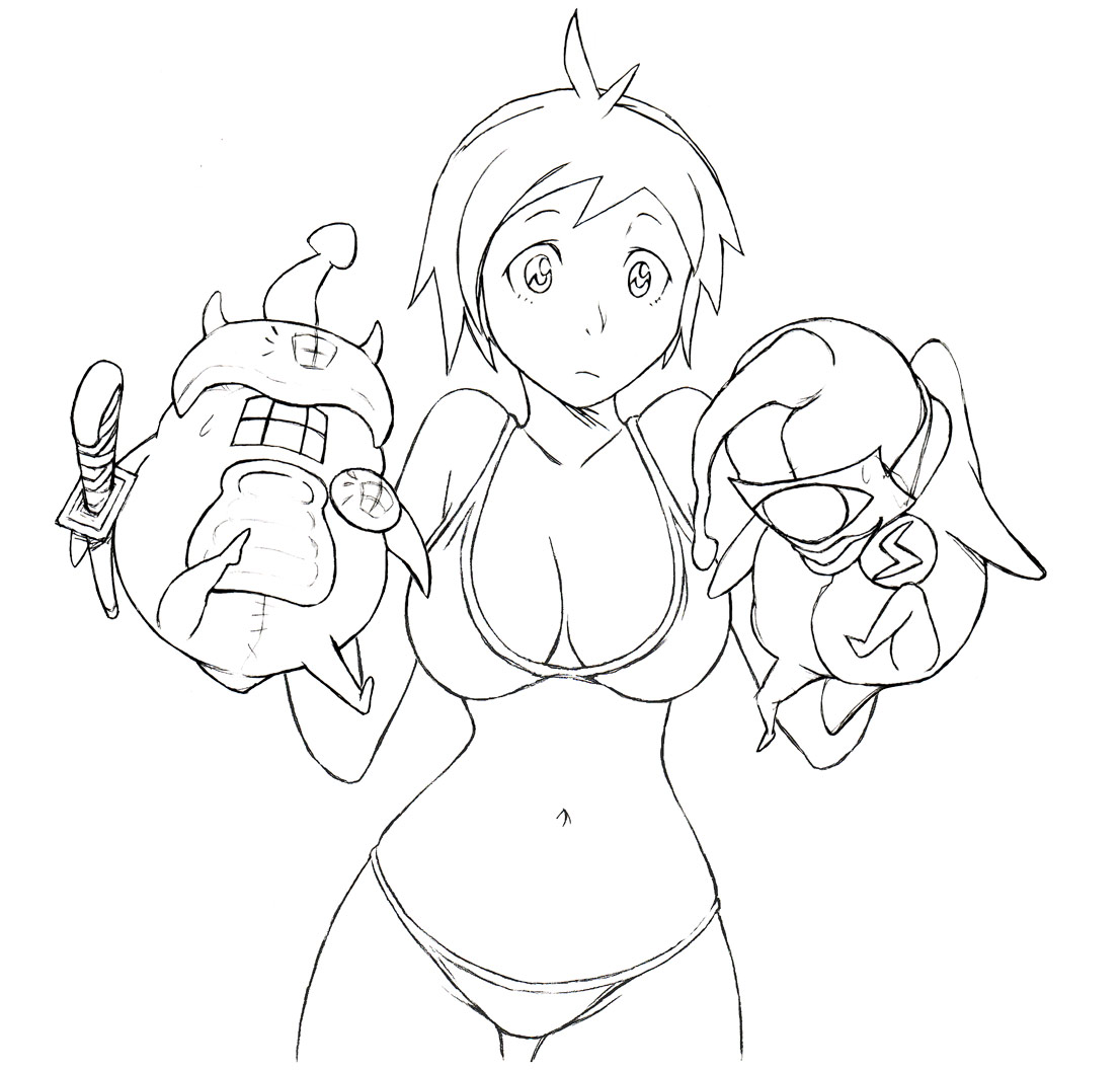 wadatsumi (abura23), 1girl, bikini, breasts, cleavage, female focus, greyscale, hand puppet, large breasts, monochrome, puppet, short hair, solo, swimsuit