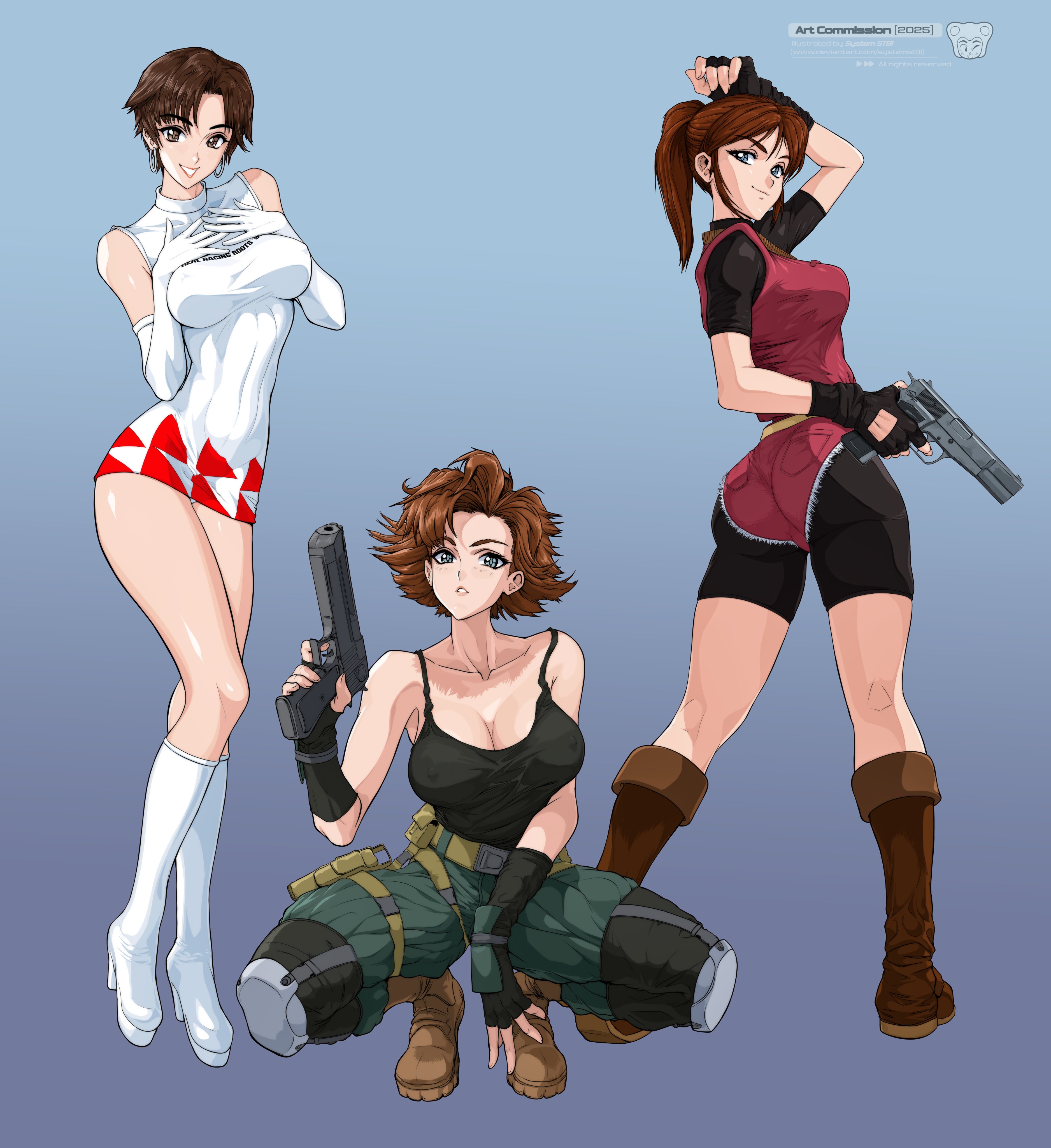 system st91, claire redfield, meryl silverburgh, nagase reiko, metal gear (series), metal gear solid, resident evil, resident evil 2, absurdres, commission, highres, 3girls, ass, bare shoulders, bike shorts, bike shorts under shorts, black camisole, black gloves, black shirt, blue eyes, boots, breasts, brown boots, brown eyes, brown hair, camisole, cleavage, closed mouth, collarbone, dress, earrings, elbow gloves, fingerless gloves, full body, gloves, grey background, gun, hand on own head, hands on own chest, high heel boots, high heels, holding, holding gun, holding weapon, hoop earrings, jewelry, knee pads, large breasts, long hair, looking at viewer, multiple girls, muscular, muscular female, pants, parted bangs, parted lips, ponytail, r4: ridge racer type 4, race queen, red shorts, red vest, shirt, short hair, short sleeves, shorts, sidelocks, sleeveless, sleeveless dress, smile, solo, spaghetti strap, squatting, standing, thighs, tight clothes, tight pants, turtleneck, turtleneck dress, turtleneck shirt, vest, weapon, white boots, white dress, white gloves, white pants